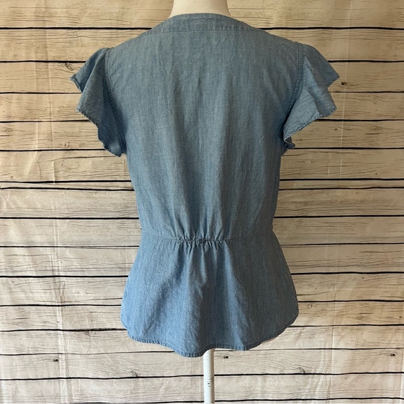 J. Crew Chambray Flutter Sleeve Faux Wrap Peplum Top - Picture 10 of 10
